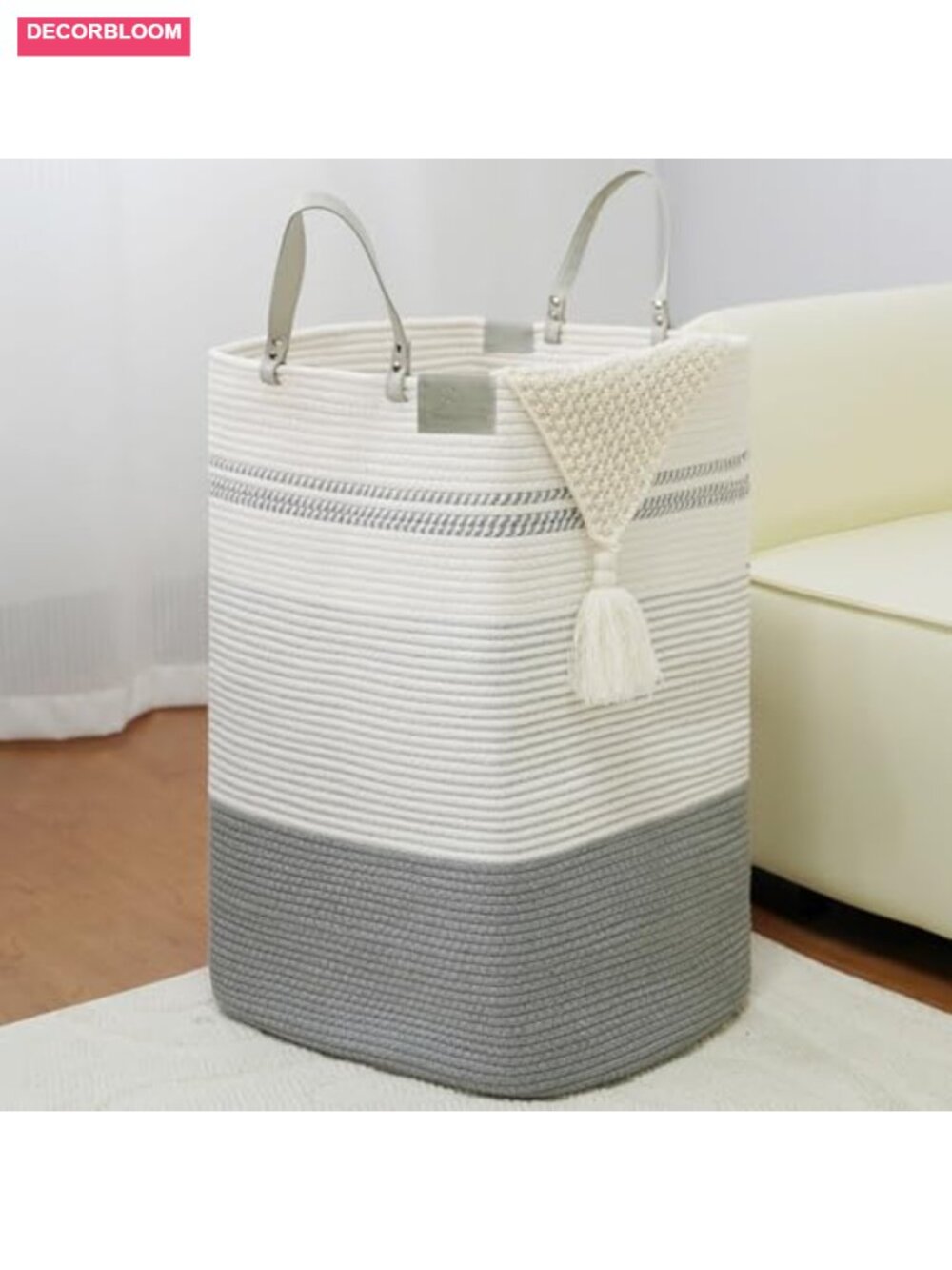 Woven Cotton Laundry Hamper with Leather Handles, Tall Storage Basket, Foldable